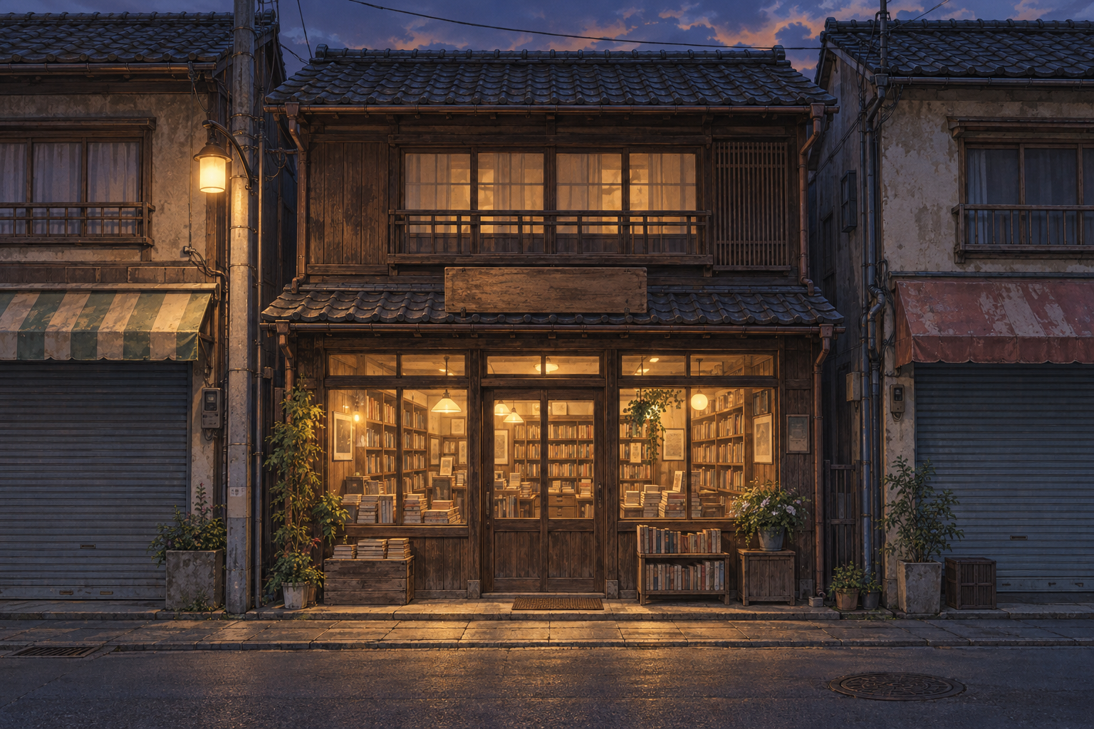 夕暮れの昔ながらの商店街。中央の望月書店に明かりが灯っている。